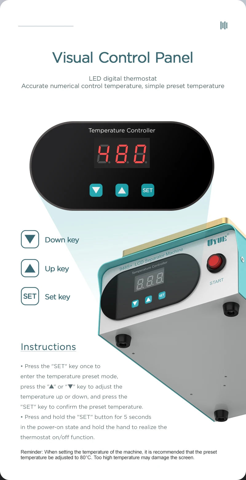 Professional UYUE 948S+ LCD touch screen separator kit with built-in vacuum. 110/220V compatible for iPhone, Samsung, HTC, and Huawei glass repair.