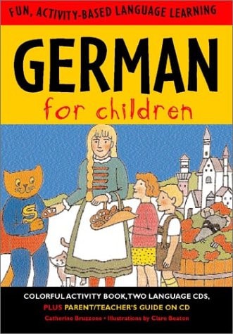 Cover of 'German for Children' book featuring illustrations of characters and a cat with a CD in its mouth, indicating a language learning resource with activity-based content.