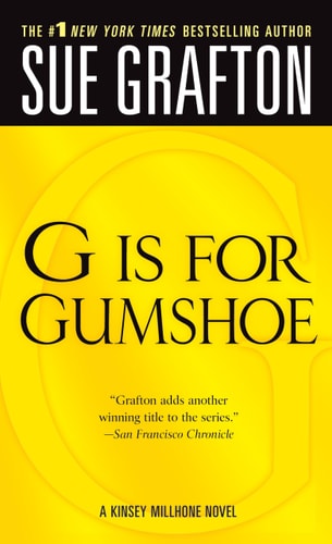 Book cover of 'G is for Gumshoe' by Sue Grafton with a yellow background and black text.