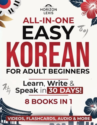 Book cover of 'All-in-One Easy Korean for Adult Beginners' with colorful design elements.