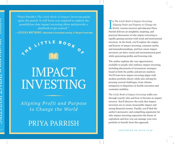 Book cover of 'The Little Book of Impact Investing' by Priya Parrish with a blue background and white text.