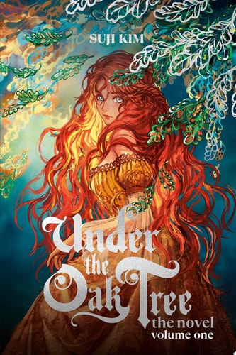 Book cover of 'Under the Oak Tree' by Suji Kim with a woman with red hair and leaves in the background.