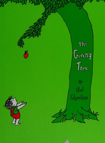 Book cover of 'The Giving Tree' by Shel Silverstein with a green background, tree, and small figure.
