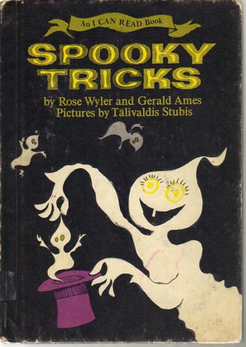 Book cover of 'Spooky Tricks' with ghost illustrations and a purple hat on a black background.