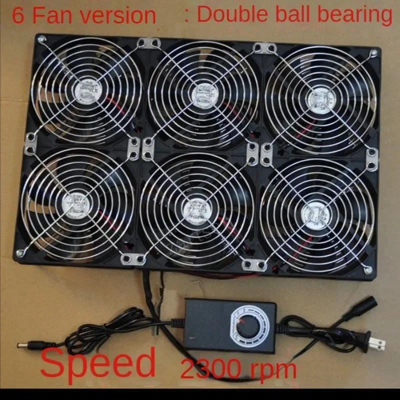 Six fan version electronic cooling system with double ball bearing and speed indicator on a beige background.