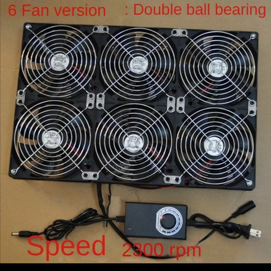 Six fan version electronic cooling system with double ball bearing and speed indicator on a beige background.