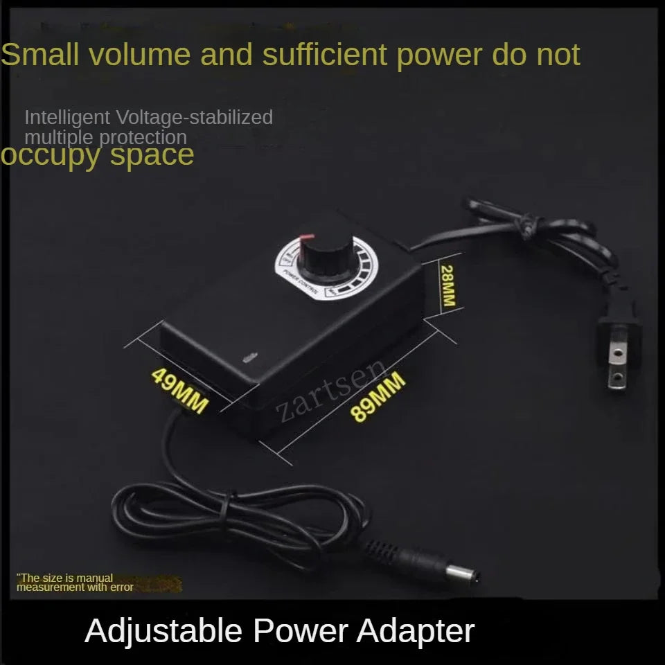 Adjustable power adapter with dimensions labeled on a dark background