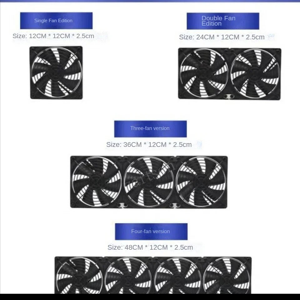 Comparison chart of different fan sizes with text labels on a white background