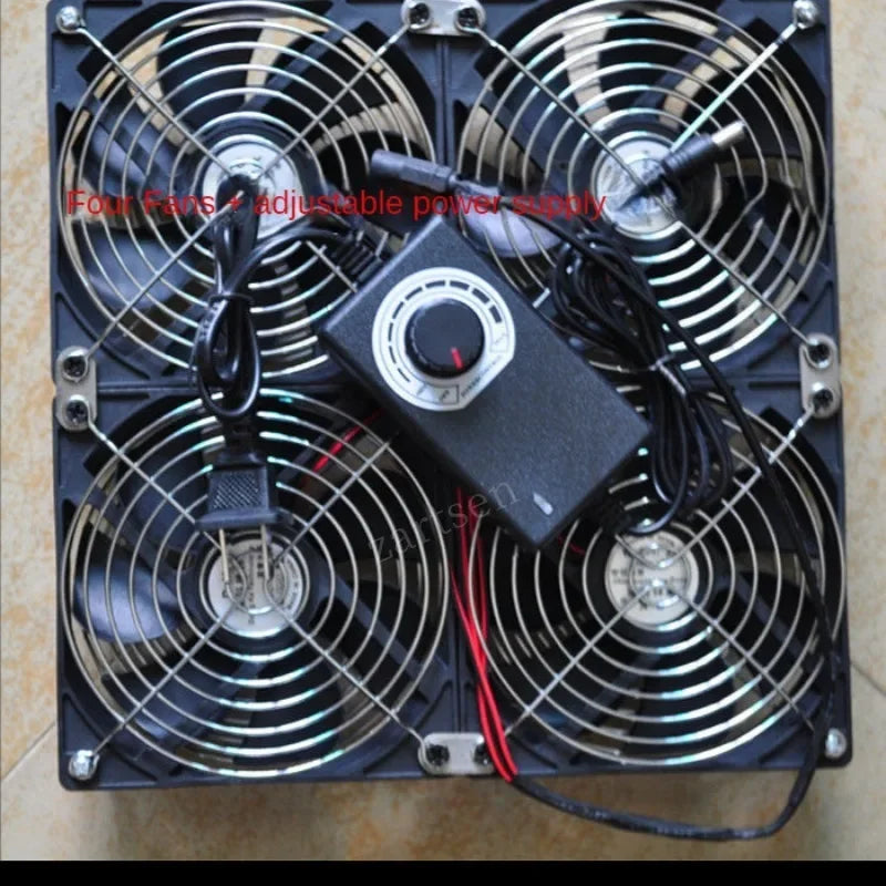 Four-fan cooling system with adjustable power supply on a beige background
