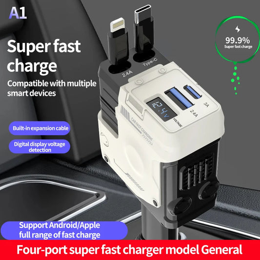 Four-port super fast charger with multiple charging options on a dark background