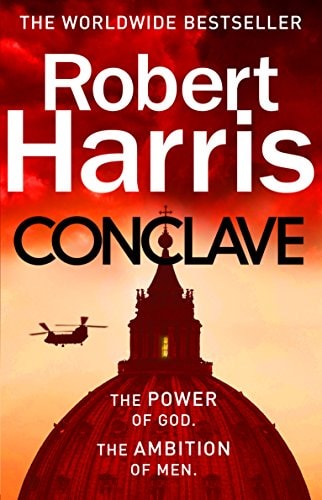 Book cover of 'Conclave' by Robert Harris with a red dome and helicopter silhouette.
