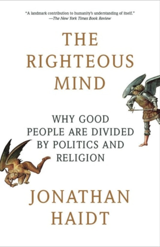 Book cover of 'The Righteous Mind' by Jonathan Haidt with illustrations of a winged figure and creature.