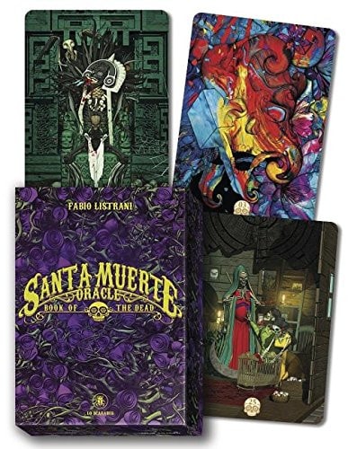 Collection of tarot cards with colorful designs and a purple box labeled 'Santa Muerte Oracle'.