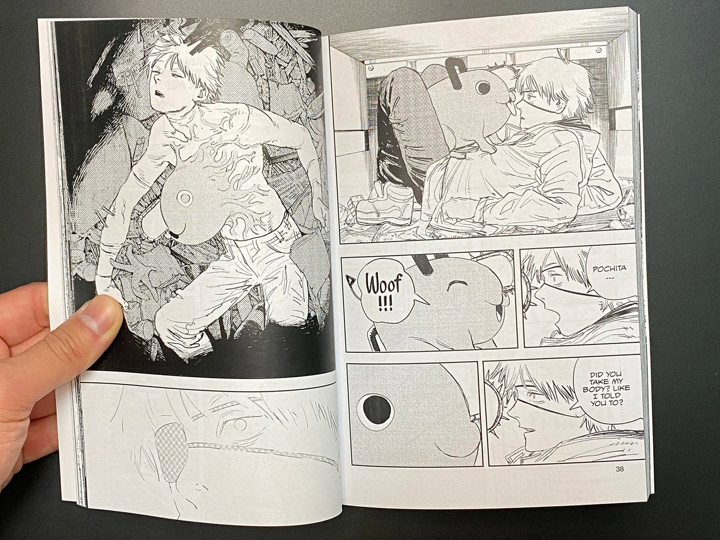 Open manga book showing black and white illustrations of characters and panels.