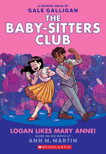 Book cover of 'The Baby-Sitters Club' graphic novel with two characters dancing on a pink and blue background.