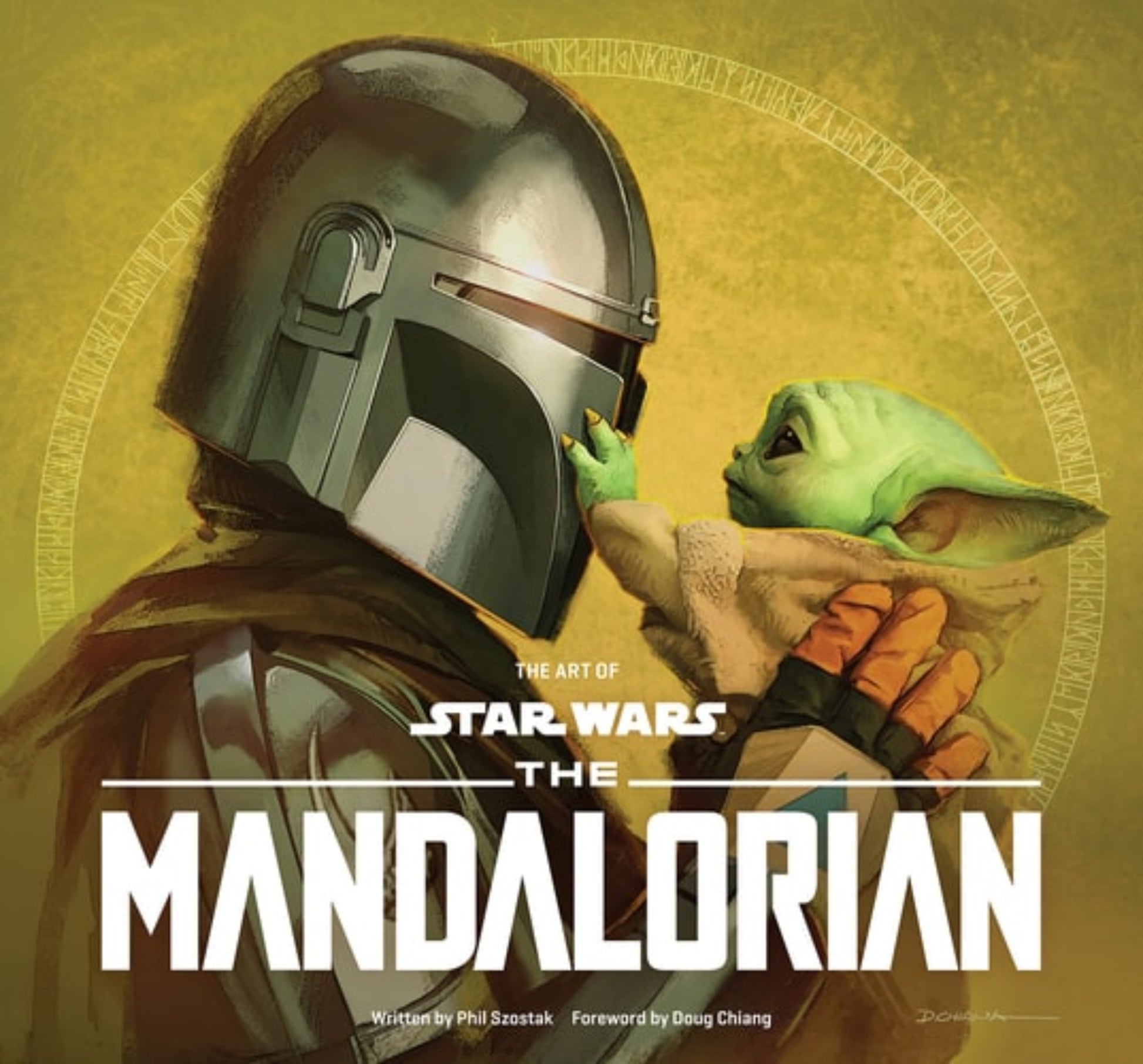 Book cover image symbolizing and resembling a Promotional poster for 'The Mandalorian' featuring a character in armor and a green creature, mini, little Yoda on a lime green background.