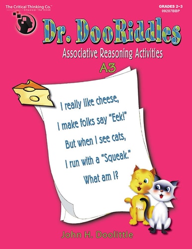 Book cover of 'Dr. DooRiddles Associative Reasoning Activities' with a pink background, cartoon characters, and a riddle.