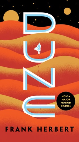 Book cover of 'Dune' by Frank Herbert with desert landscape and character silhouette.