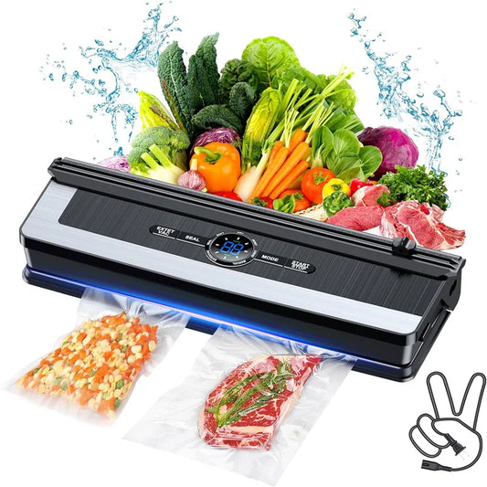 Vacuum sealer with fresh produce and vacuum-sealed bags on a white background. Sleek 135W LED vacuum sealer machine for household kitchen food storage.