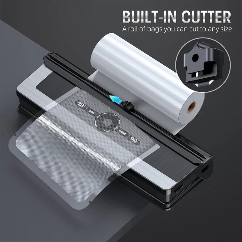 Laminating machine with a roll of bags and built-in cutter on a dark background