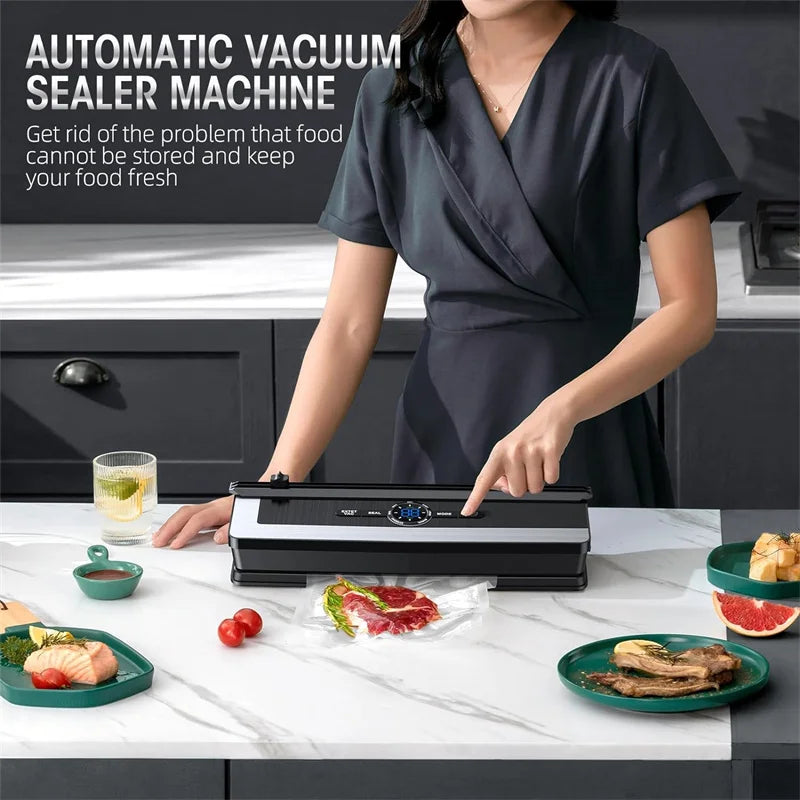 Woman using an automatic vacuum sealer machine in a kitchen setting.