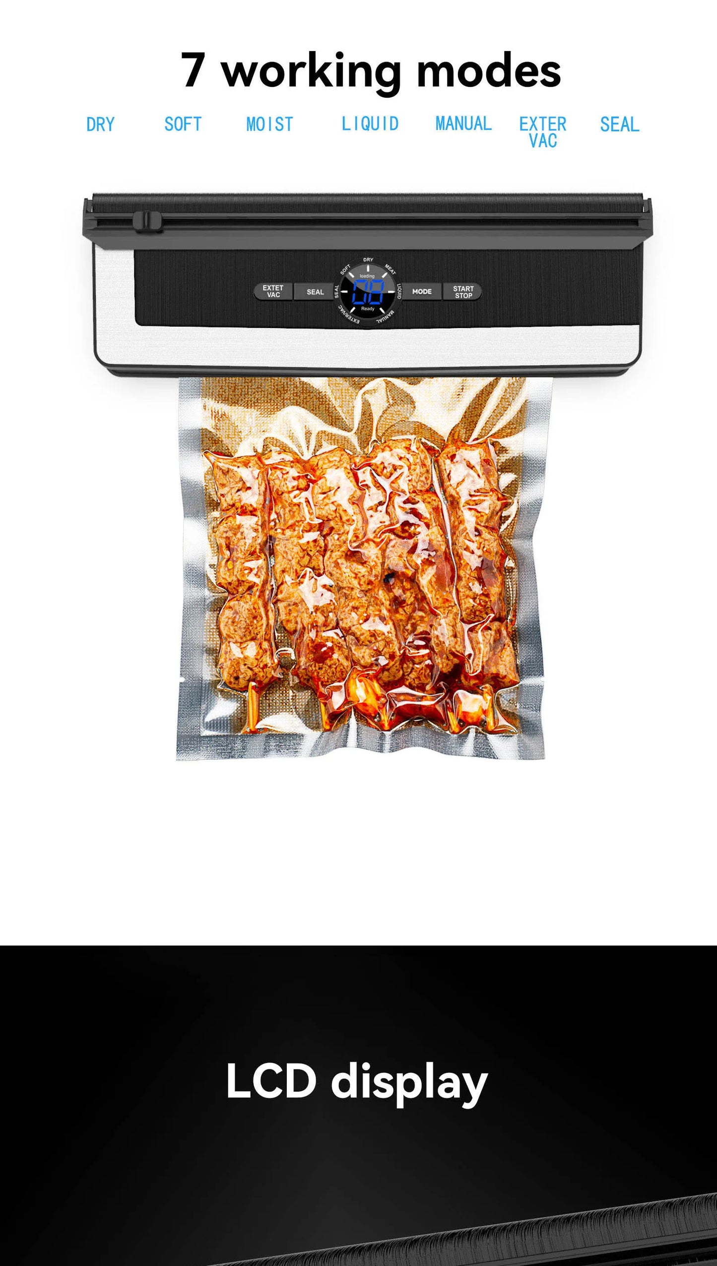 Vacuum sealer with a bag of food and text indicating working modes on a white background.