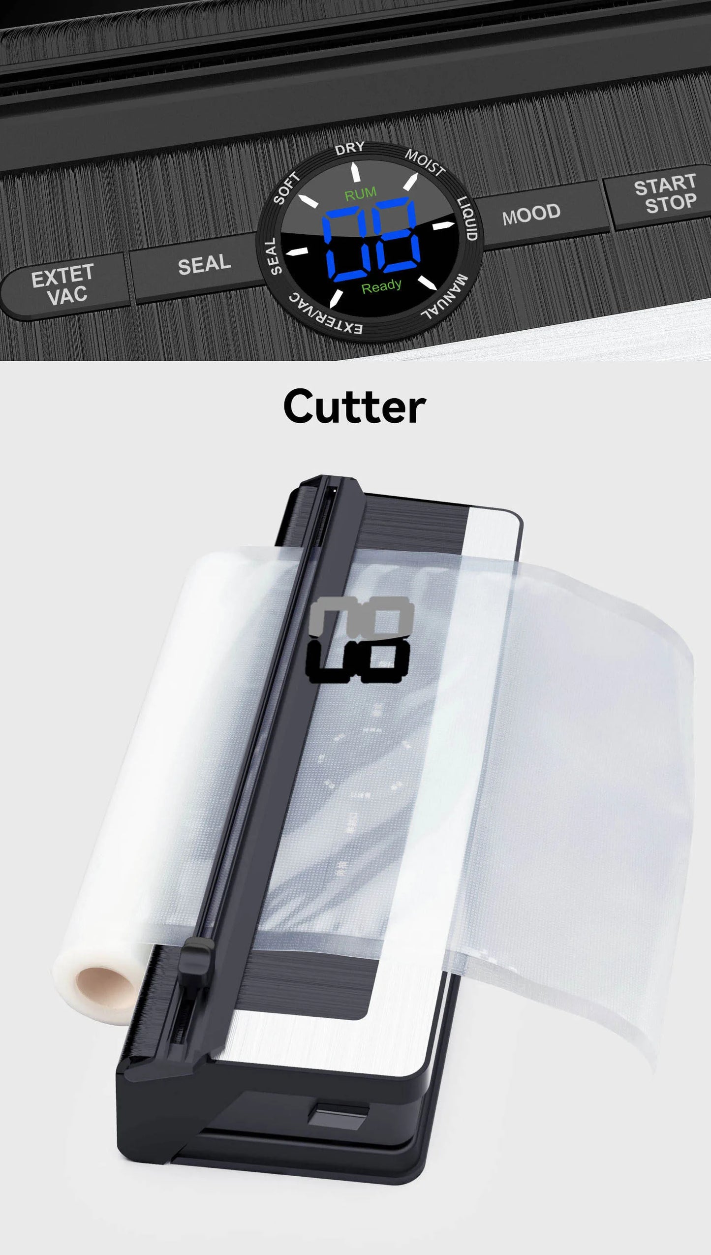 Digital display on a vacuum sealer with a separate image of a cutter tool.