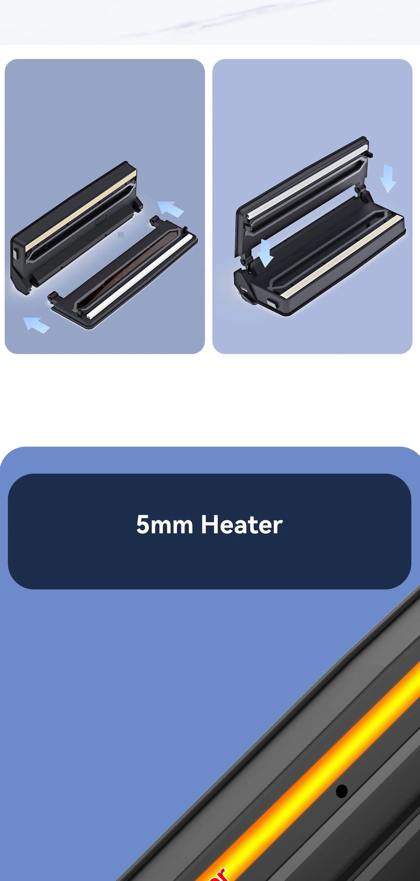 Sleek 135W LED vacuum sealer machine for household kitchen food storage 5mm heater with close-up views on a blue background