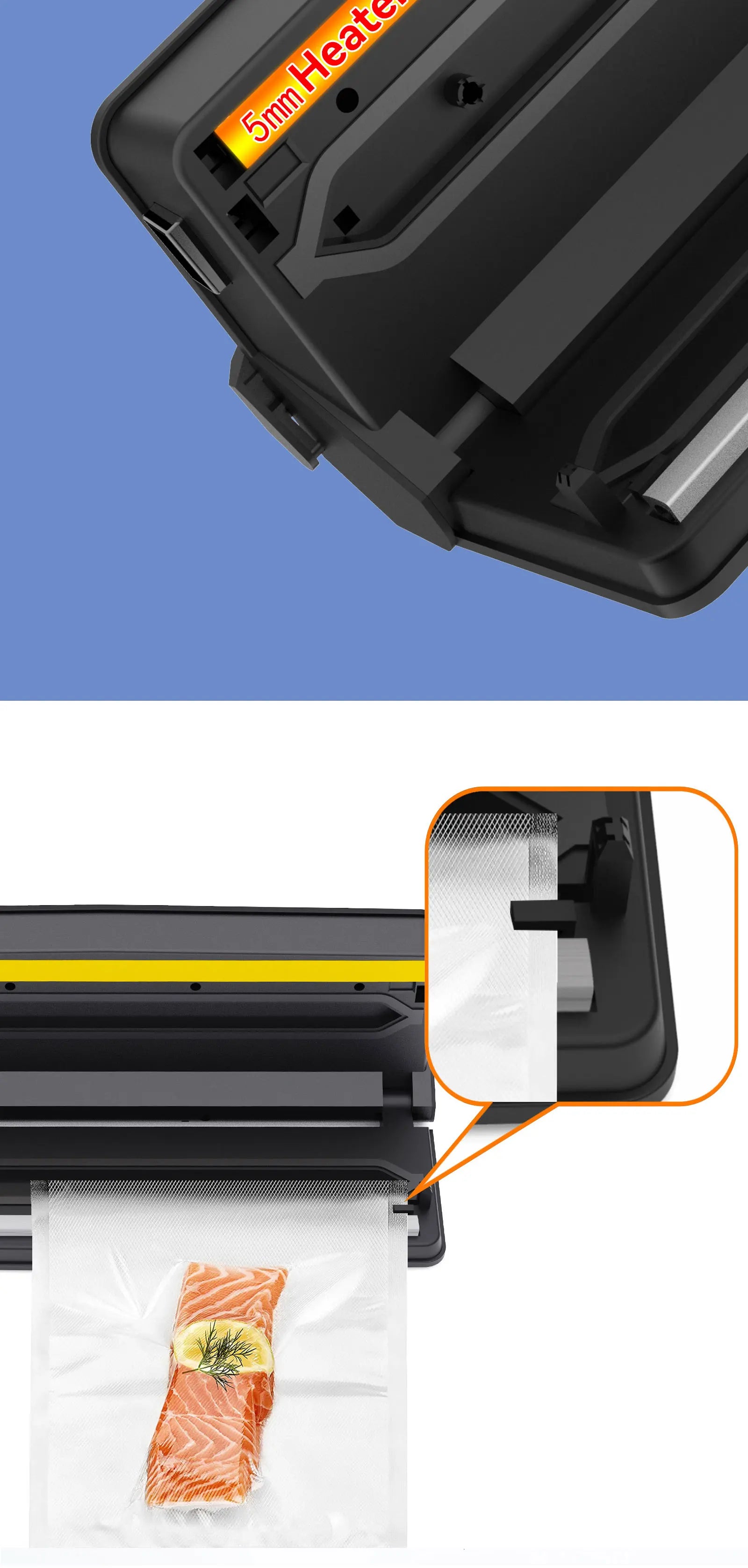 Vacuum sealer with a close-up of the sealing mechanism on a blue background