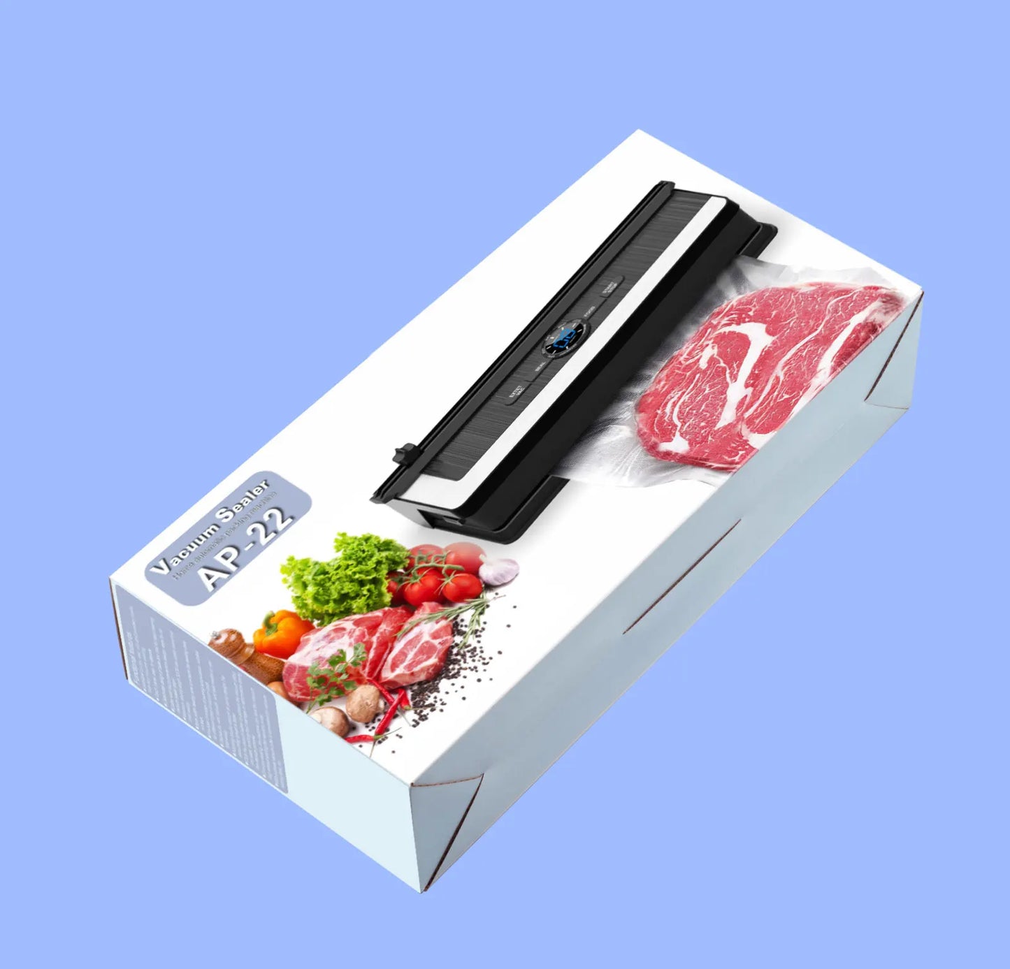 Vacuum sealer packaging with images of food on a blue background