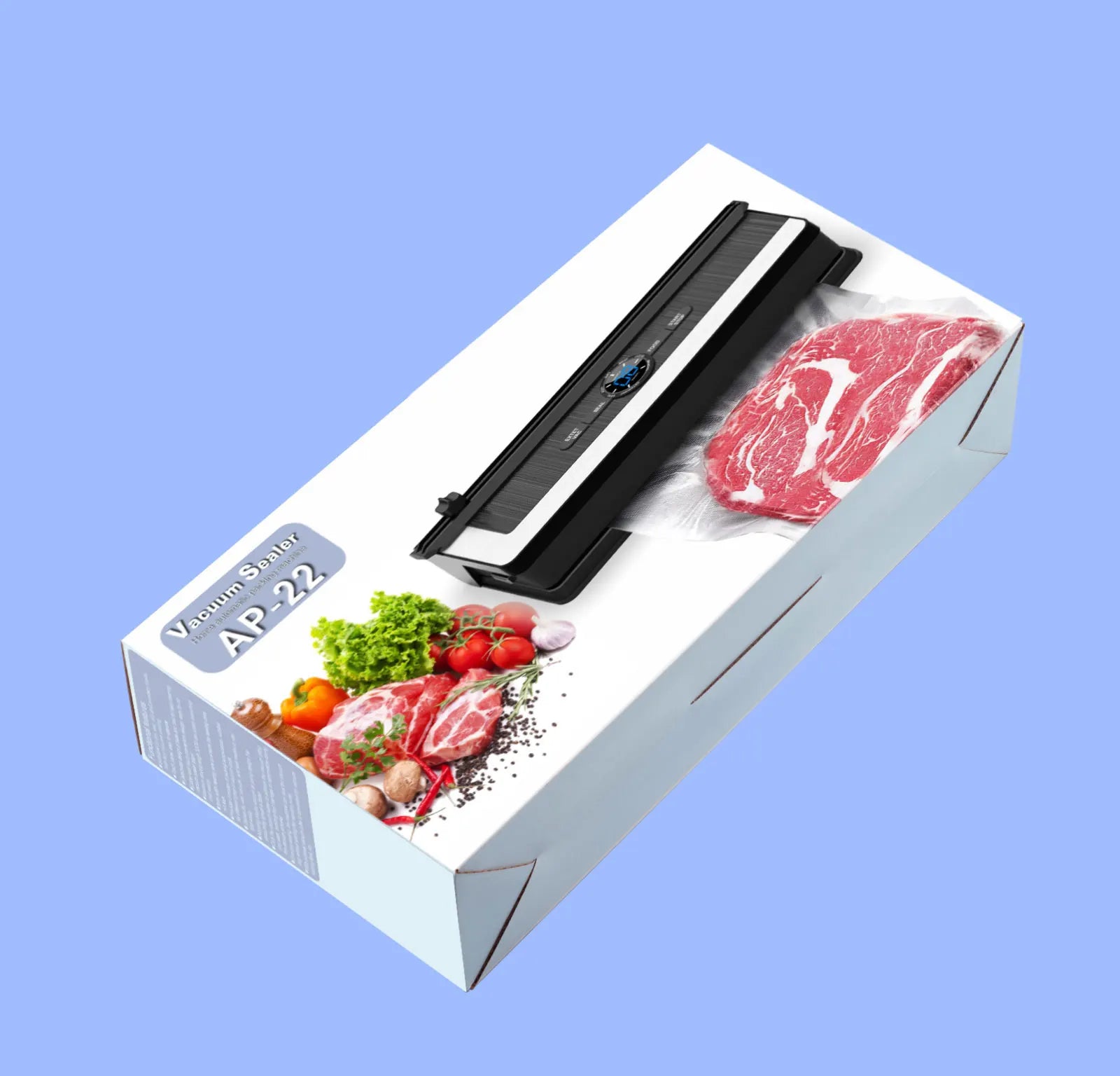 Vacuum sealer packaging with images of food on a blue background