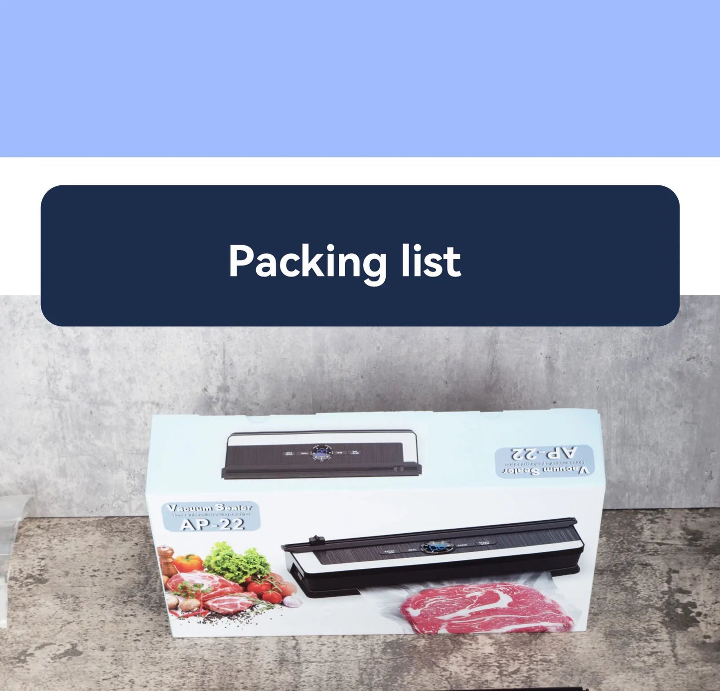Vacuum sealer machine with a 'Packing list' label on a gray background