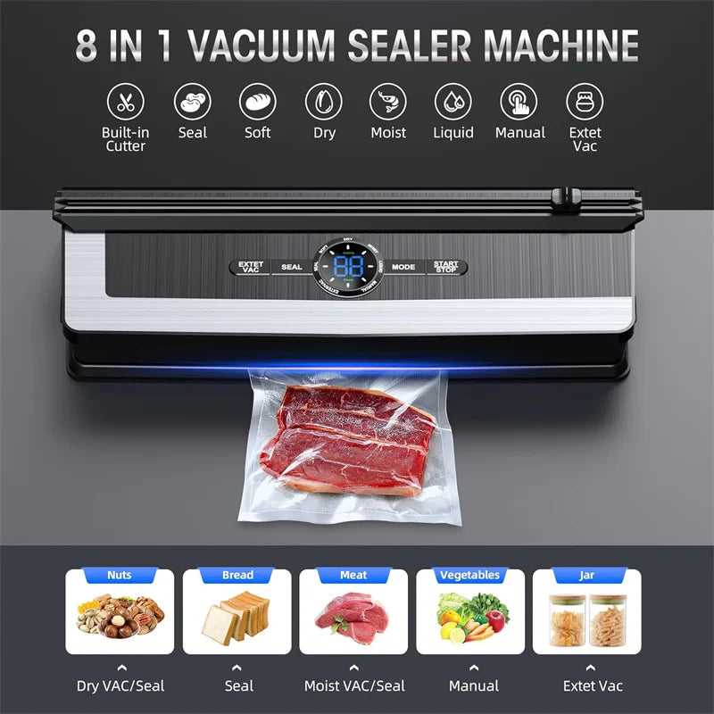 8-in-1 vacuum sealer machine with a bag of meat on a gray background