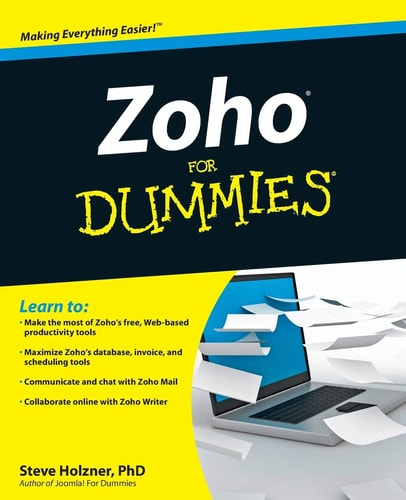 Book cover of 'Zoho For Dummies' with laptop and papers on a blue background