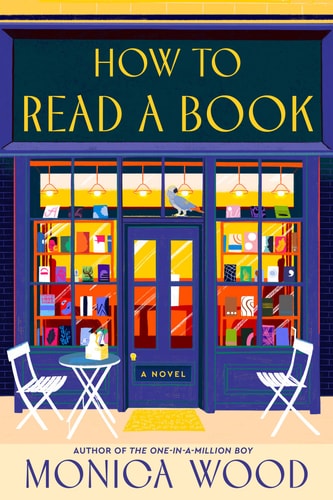 Book cover of 'How to Read a Book' by Monica Wood with a colorful bookstore illustration.