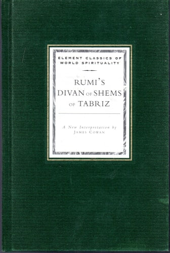 Green book titled 'Rumi's Divan of Shems of Tabriz' with a white label on a green background