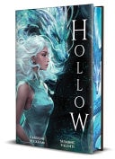 Book titled 'Hollow' with a fantasy cover featuring a woman with white hair and blue aura.