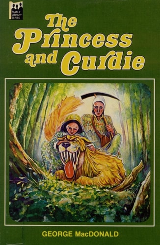 Book cover of 'The Princess and Curdie' by George MacDonald with illustration of a woman, man, and dog in a forest.