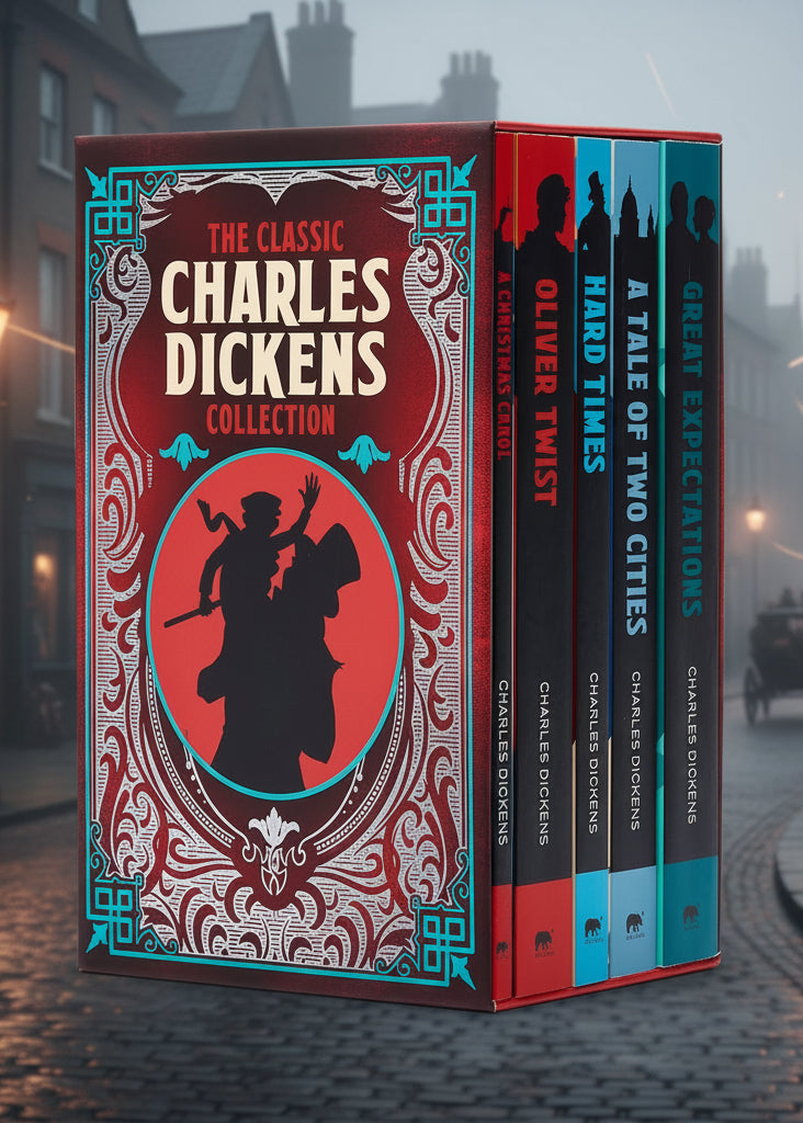 Angled image of book box set collection 'Classic Charles Dickens Collection: 6-Book Paperback Boxed Set' featuring a display of the Charles Dickens Collection of Classic Novels.