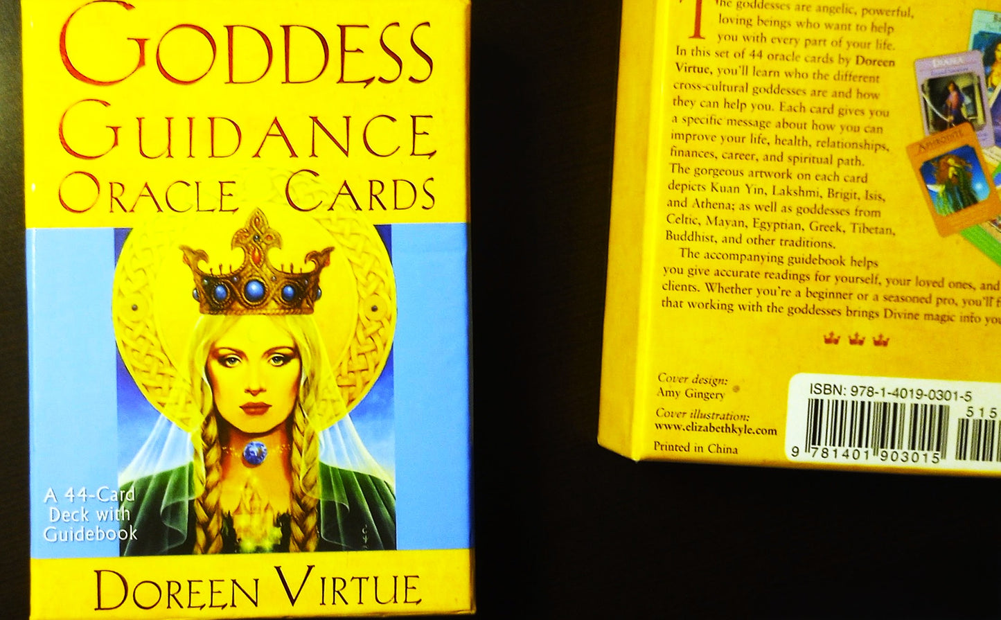 Goddess Guidance Oracle Cards by Doreen Virtue with yellow cover and blue background