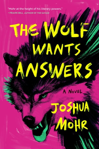 Book cover of 'The Wolf Wants Answers' with a stylized wolf design on a pink background.