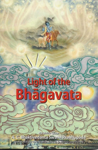 Cover of 'Light of the Bhagavata' with a celestial scene and text.