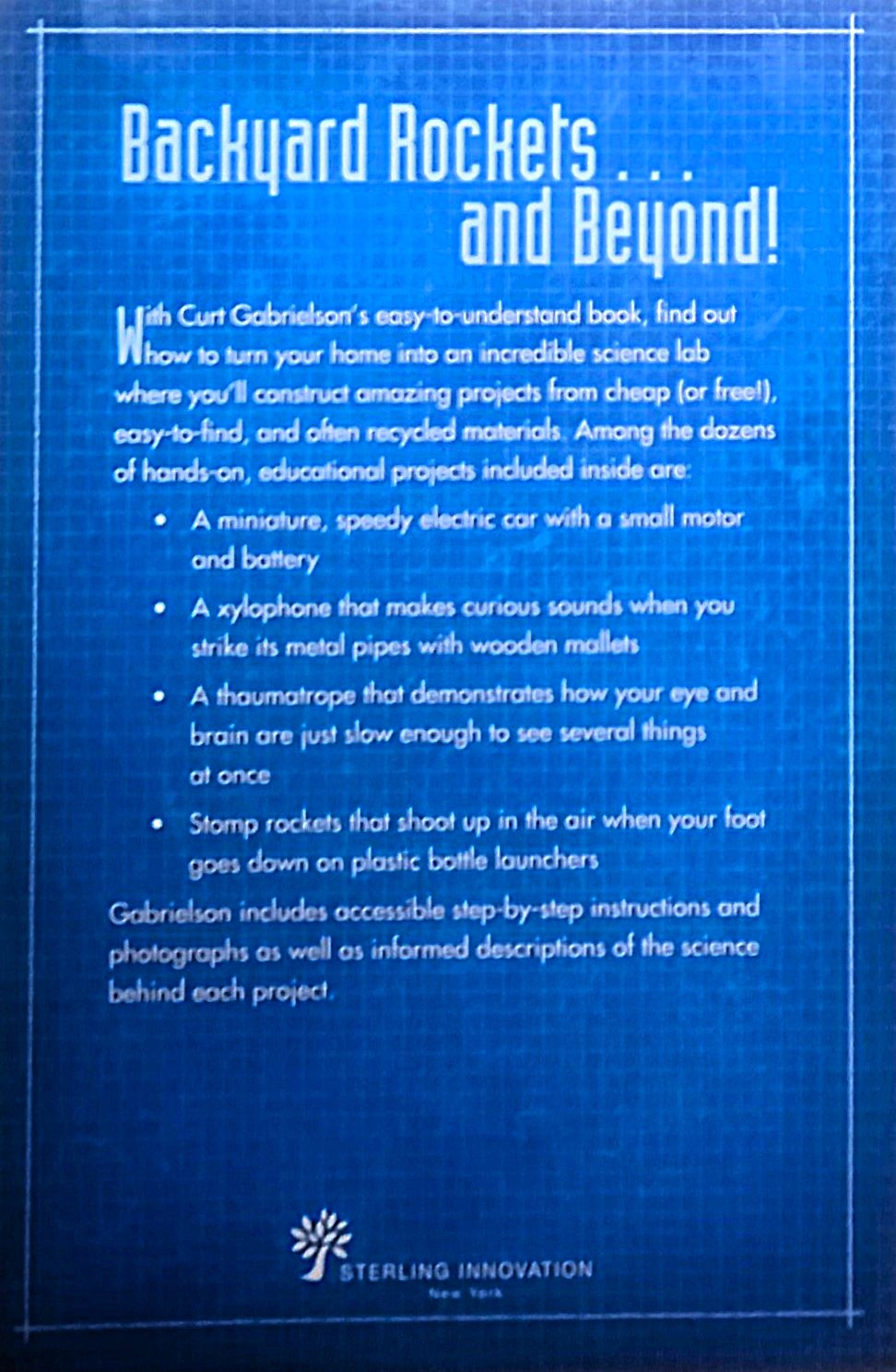 Book back cover stating 'Backyard Rockets... and Beyond!' by Sterling Innovation on a blue background with white text.