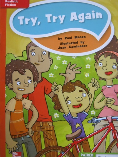 Book cover of 'Try, Try Again' with cartoon characters and a bicycle on a colorful background