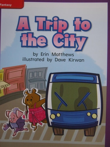 Book cover of 'A Trip to the City' with illustrations of a bus and characters on a colorful background.