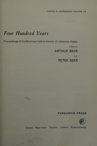 Book cover of 'Four Hundred Years' with text about Johannes Kepler and editors Arthur Beer and Peter Beer.