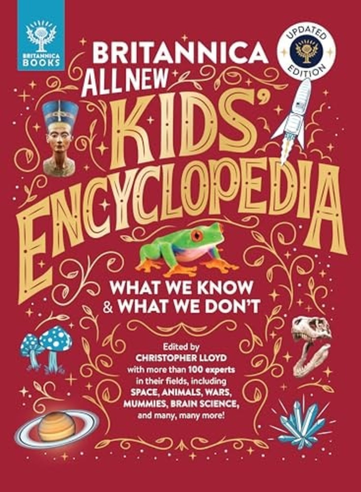 Cover of 'All New Kids' Encyclopedia' with illustrations and text on a red background