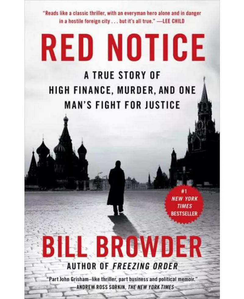 Book cover of 'Red Notice' by Bill Browder with a silhouette of a person and a cityscape.