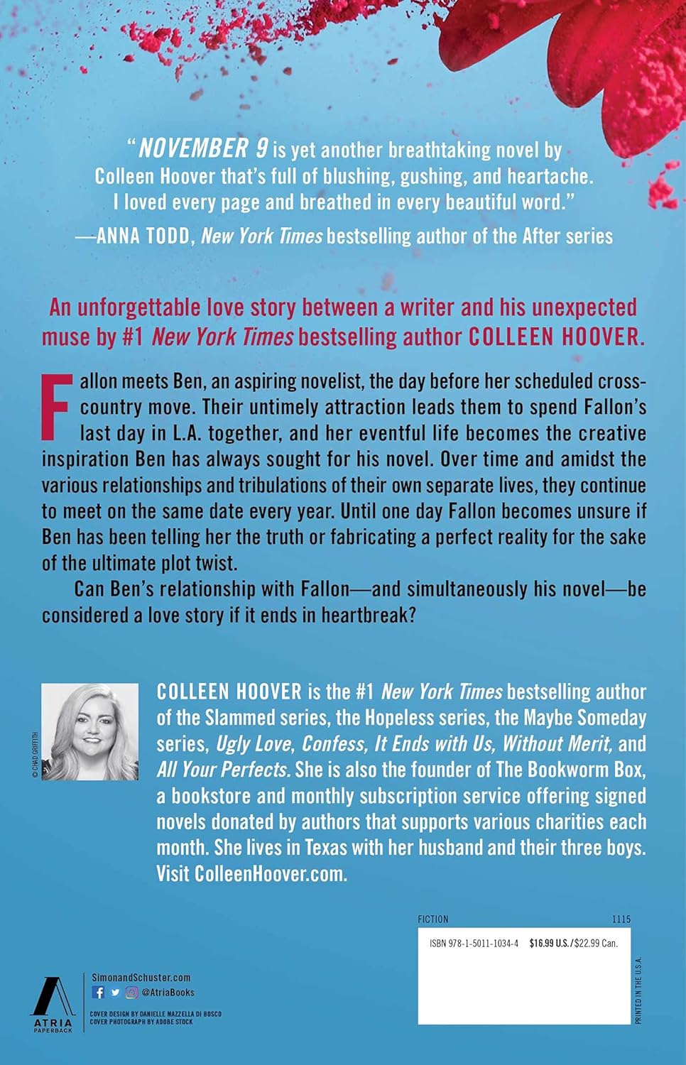 Book back of November 9 by CoHo with text and author information on a blue background