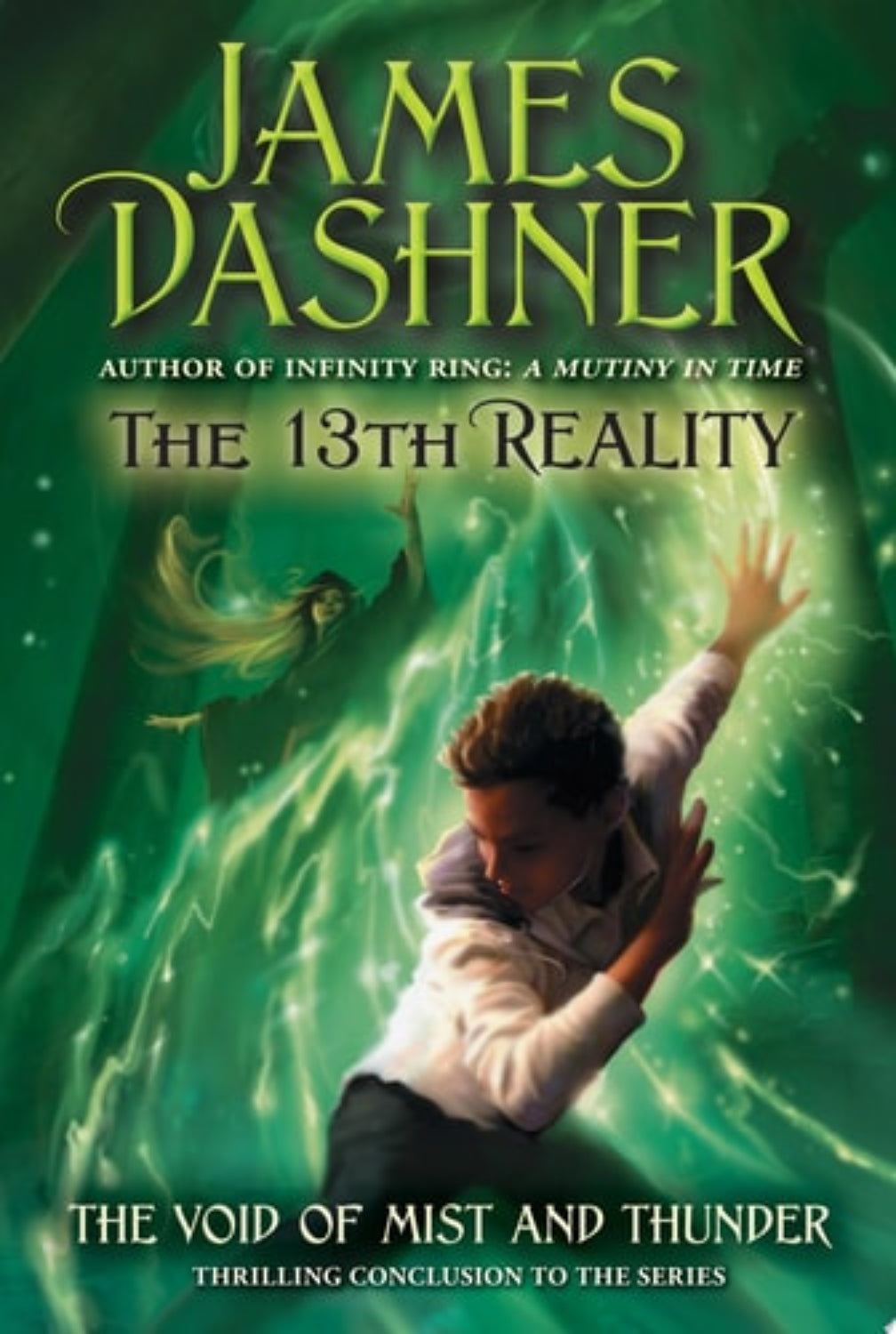 Book cover of 'The 13th Reality' by James Dashner with a green background and person reaching upwards.